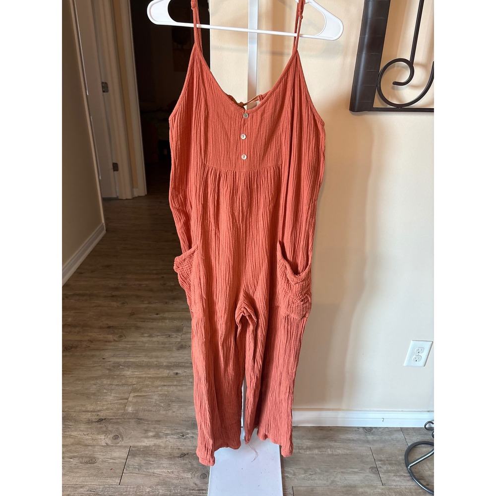Easel Terracotta Rust Gauze Wide Leg Jumpsuit Adjustable Straps Pockets Medium